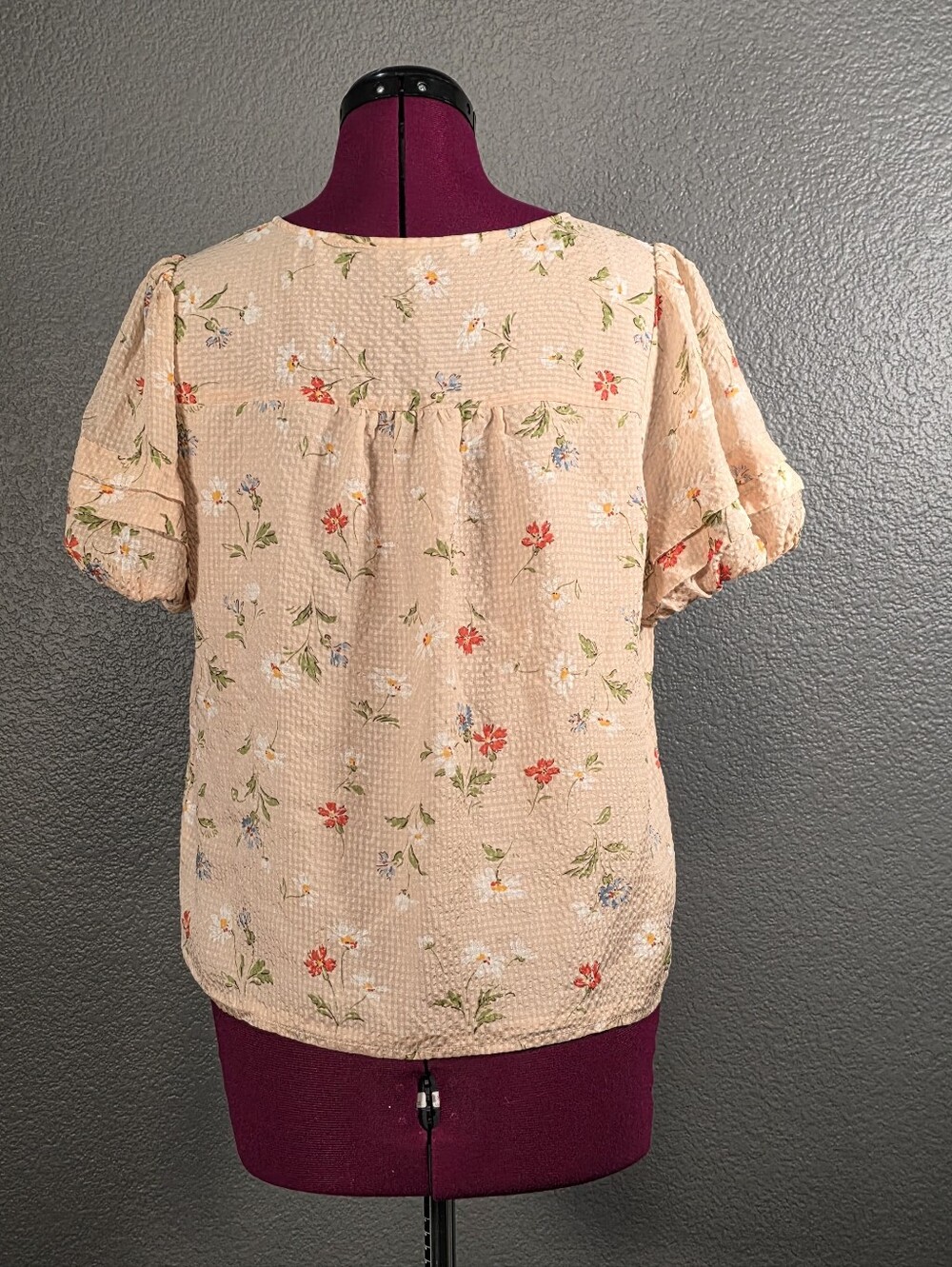 Madewell 100% Silk Peach Floral Puff Sleeve Button Front Blouse Size M